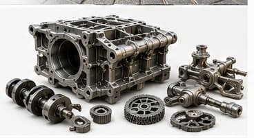 Bloque motor antiguo y piezas mecánicas restauradas